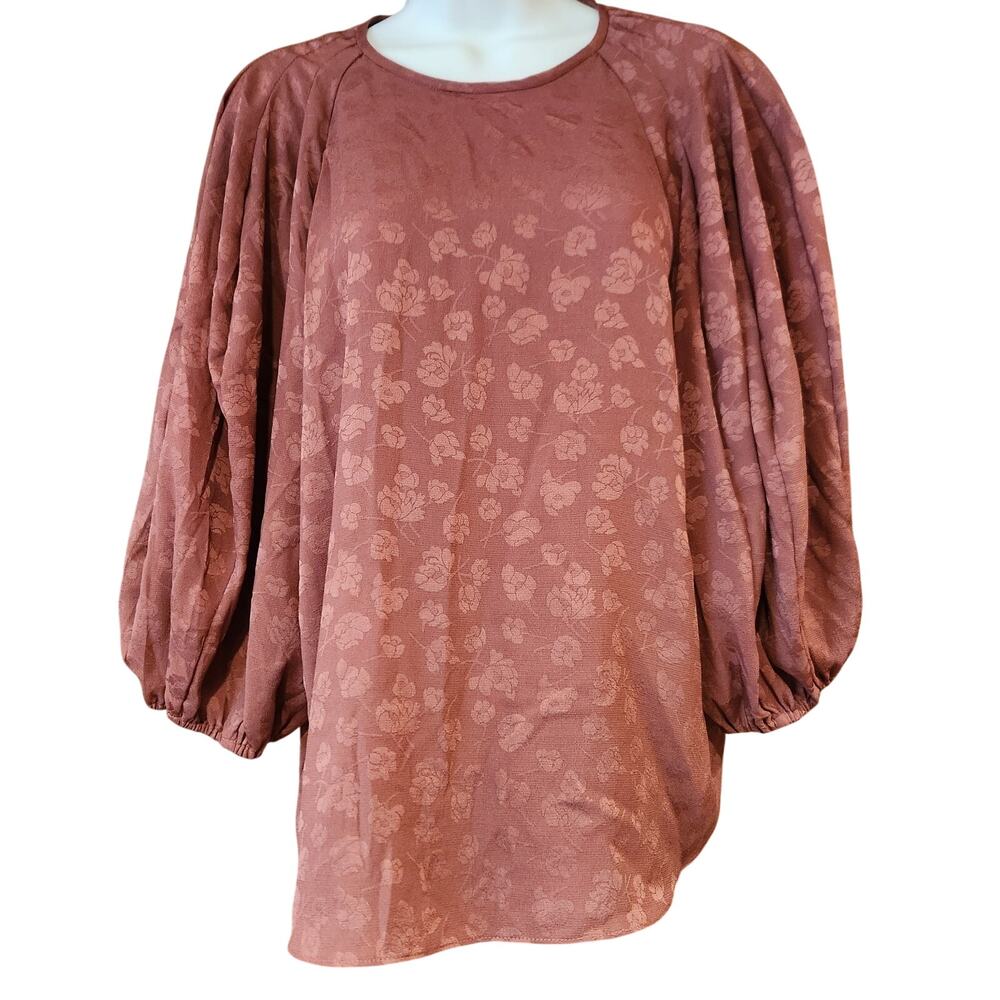 Current Air  Burgundy Puff Long Sleeved Flower Print Satin Blouse sz M